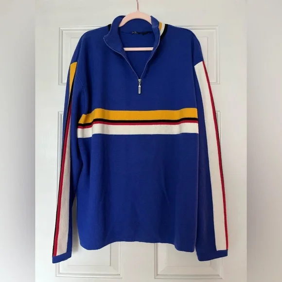 Stylish Blue Zip-Up Sweater with Stripes | Size L/XL - Picture 1 of 4